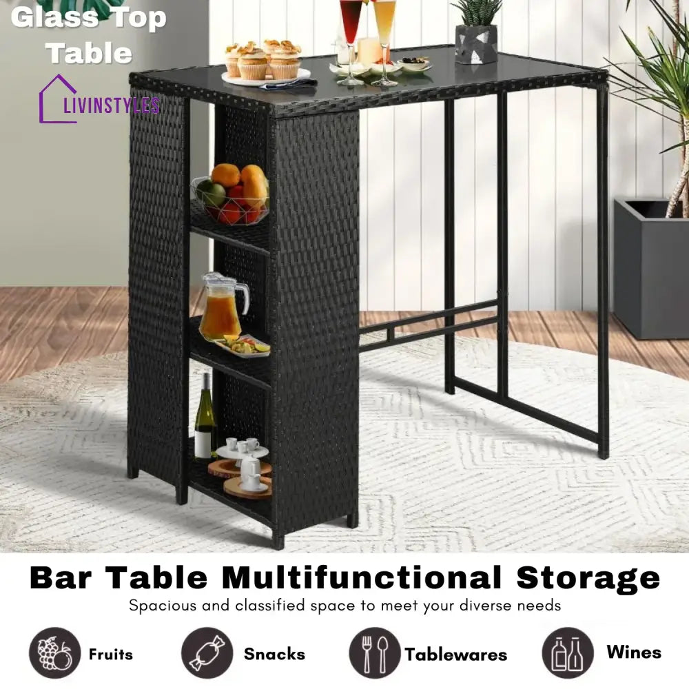 Coraline 3-Piece Outdoor Rattan Wicker Bar Set with Glass Top Table - Bar Set