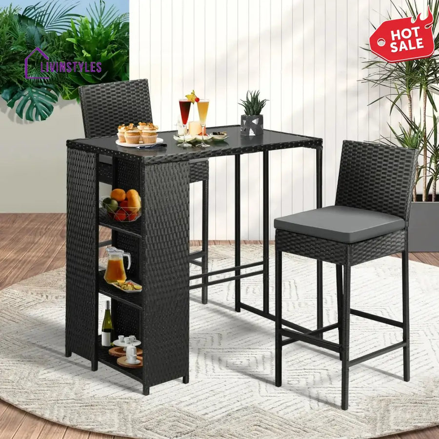 Coraline 3-Piece Outdoor Rattan Wicker Bar Set with Glass Top Table - Bar Set