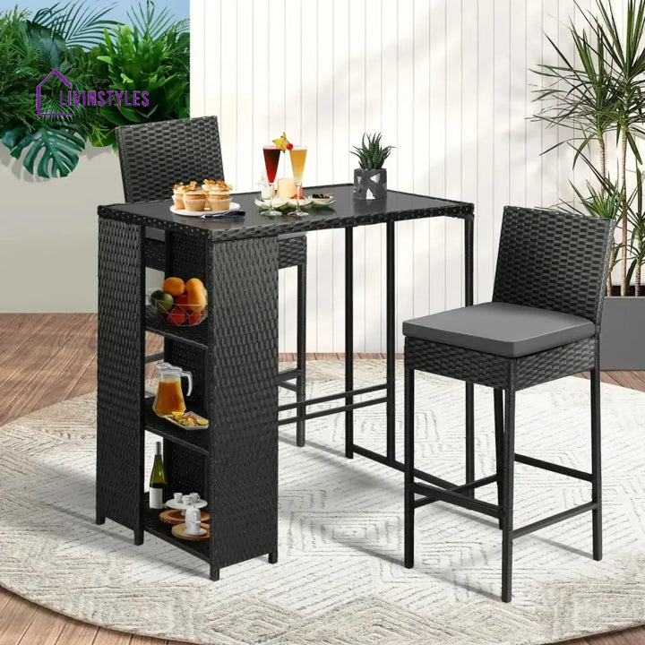 Coraline 3-Piece Outdoor Rattan Wicker Bar Set with Glass Top Table - Bar Set