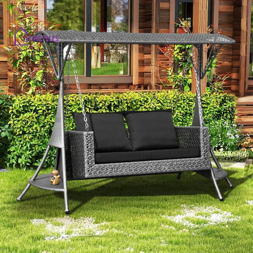 Cornelia Outdoor Rattan Wicker 2-Seat Patio Swing Chair with Shade & Cushions Swing
