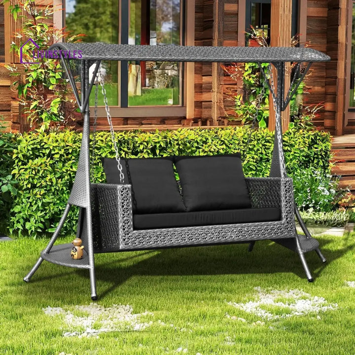Cornelia Outdoor Rattan Wicker 2-Seat Patio Swing Chair with Shade & Cushions Swing