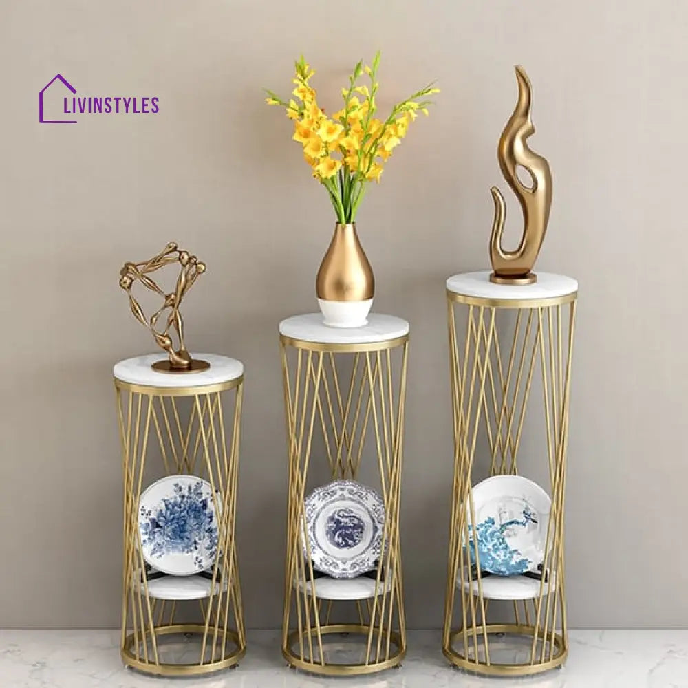 Cornwall Metal And Marble Top Plant Stand In Gold Color - Set Of 3
