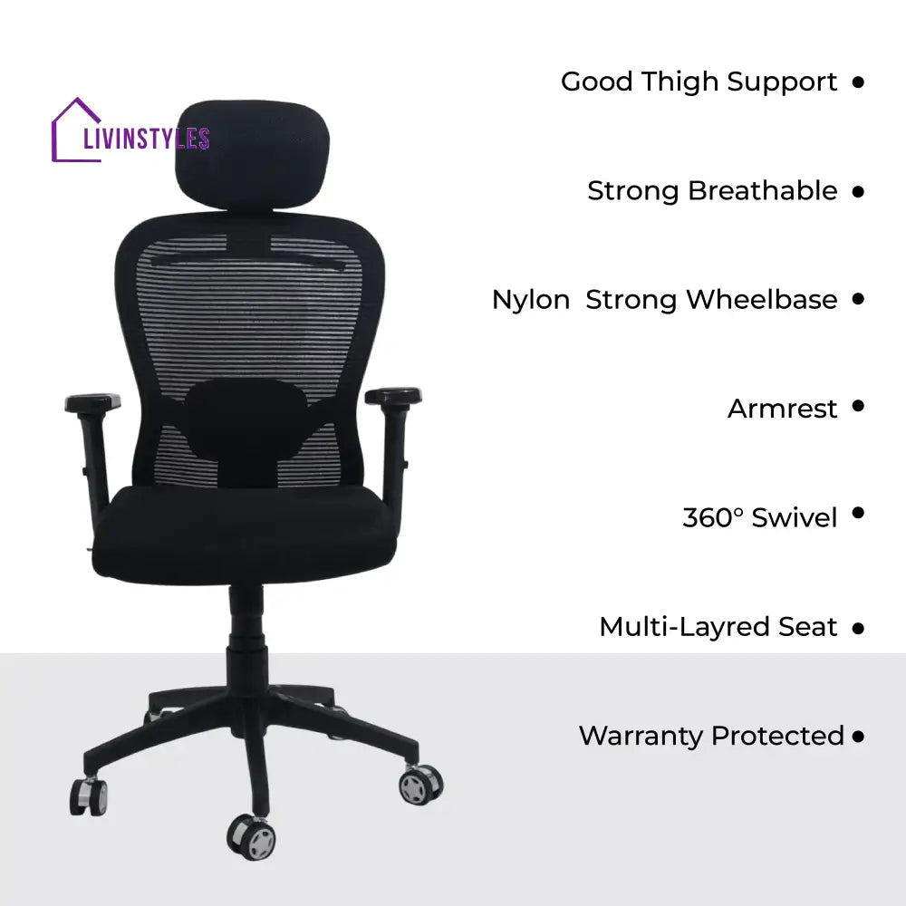 Cosmic Horizon Black Headrest Ergonomic Office Chair with Nylon Base