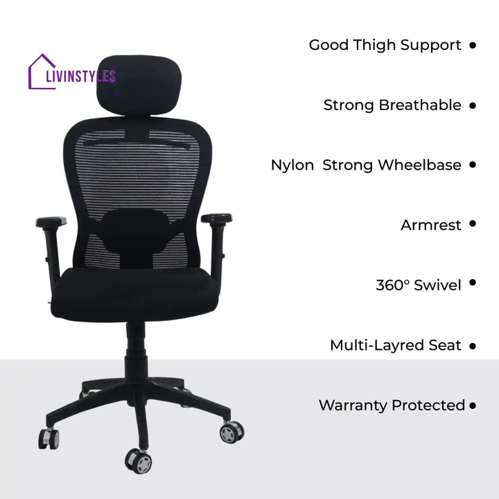 Cosmic Horizon Black Headrest Ergonomic Office Chair with Nylon Base