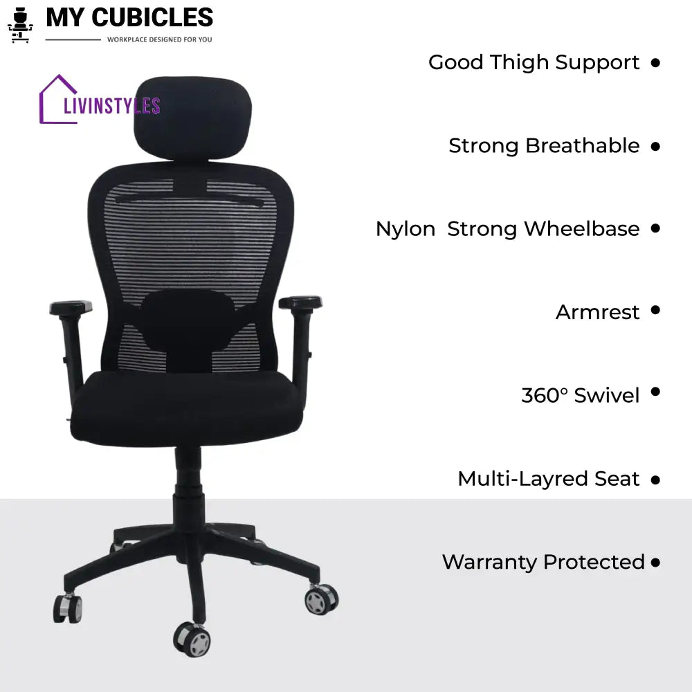 Cosmic Horizon Black Headrest Ergonomic Office Chair with Nylon Base