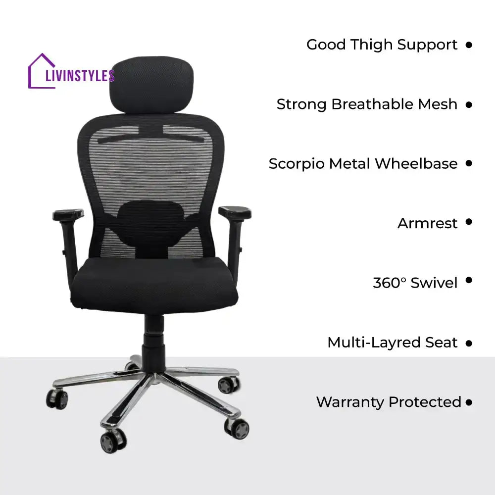Cosmic Horizon Black Headrest Office Ergonomic Chair with Scorpio Base