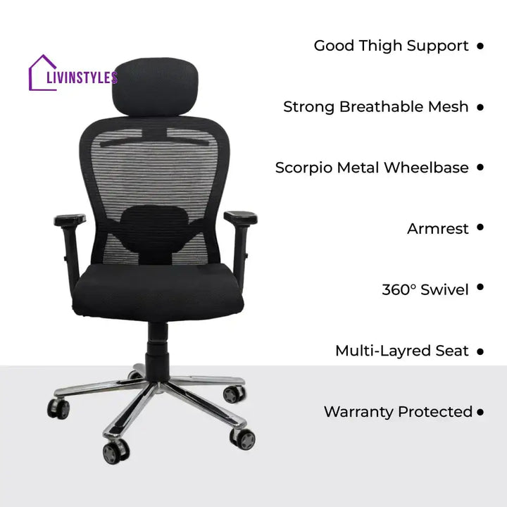 Cosmic Horizon Black Headrest Office Ergonomic Chair with Scorpio Base