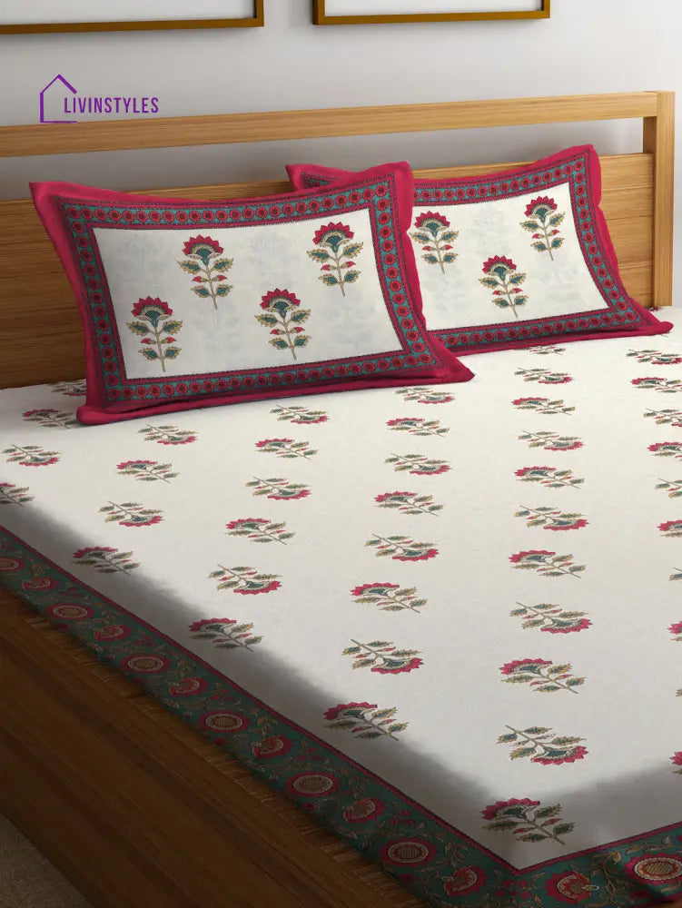 Cotton Floral Print King Bed Sheet With 2 Pillow Covers