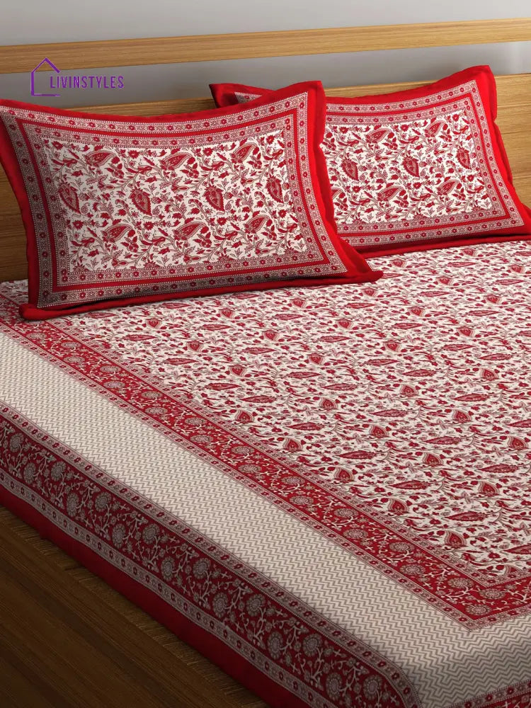 Cotton Screen Block Print Jaipuri Red And White Double Bedsheet With 2 Pillow Covers Bed Sheet