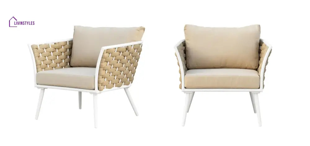 Crasio Outdoor Garden Balcony Sofa Set 3 Seater 2 Single seater and 1 Center Table Set Braid & Rope (White + Tan)