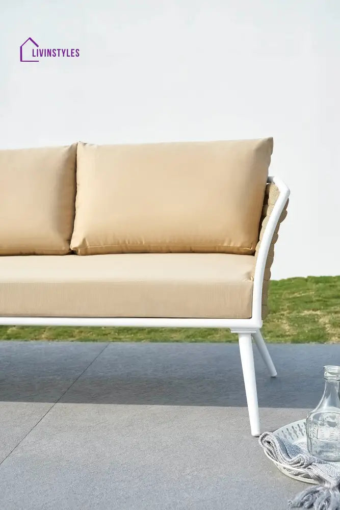 Crasio Outdoor Garden Balcony Sofa Set 3 Seater 2 Single seater and 1 Center Table Set Braid & Rope (White + Tan)