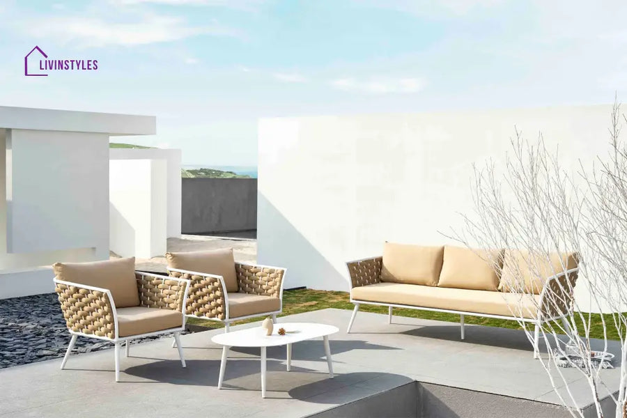 Crasio Outdoor Garden Balcony Sofa Set 3 Seater 2 Single seater and 1 Center Table Set Braid & Rope (White + Tan)