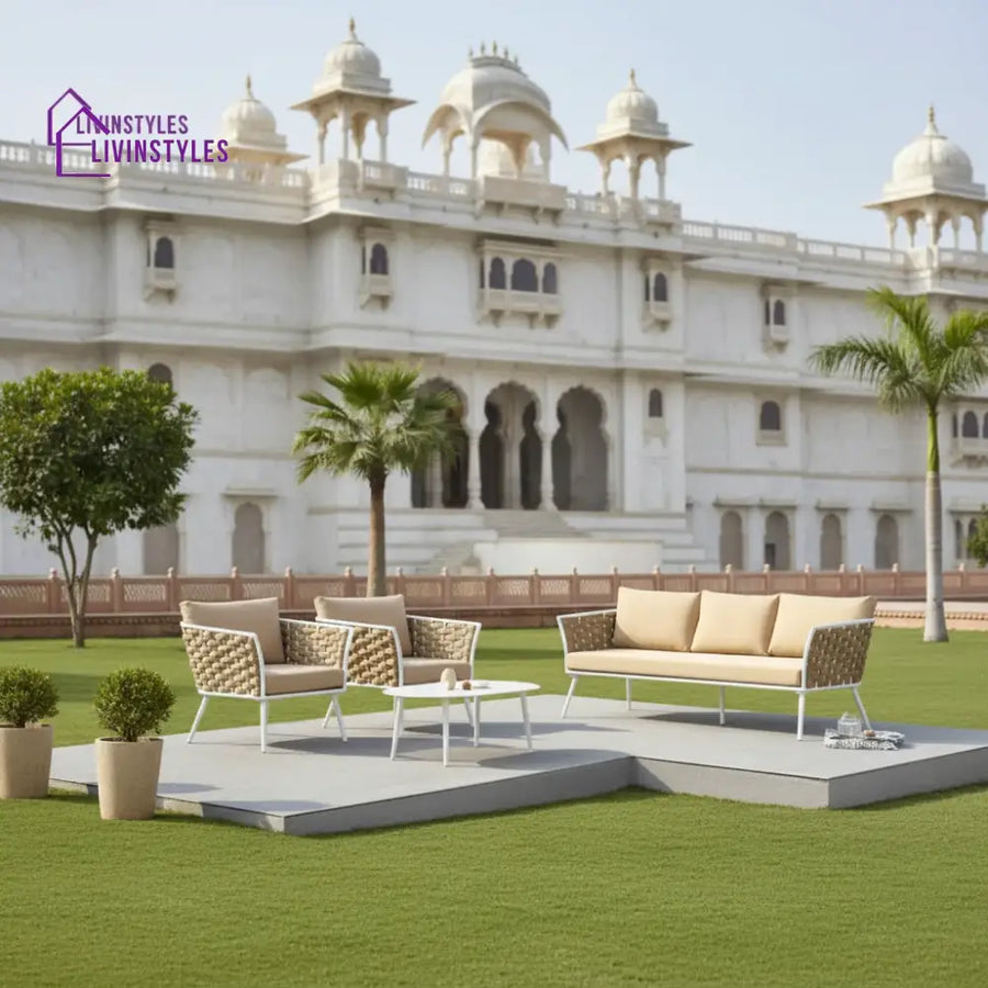Crasio Outdoor Garden Balcony Sofa Set 3 Seater 2 Single seater and 1 Center Table Set Braid & Rope (White + Tan)