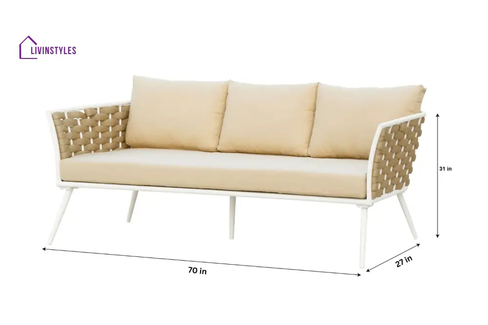 Crasio Outdoor Garden Balcony Sofa Set 3 Seater 2 Single seater and 1 Center Table Set Braid & Rope (White + Tan)