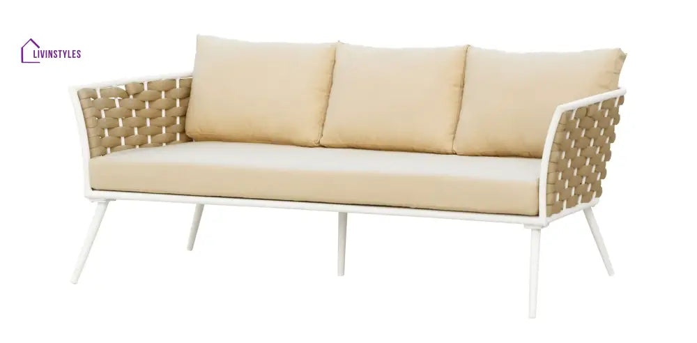 Crasio Outdoor Garden Balcony Sofa Set 3 Seater 2 Single seater and 1 Center Table Set Braid & Rope (White + Tan)