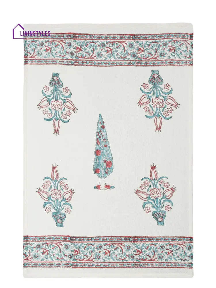 Cream And Aqua 180 Gsm Hand Block Ethnic Motiffs Cotton Towel Set Of 3