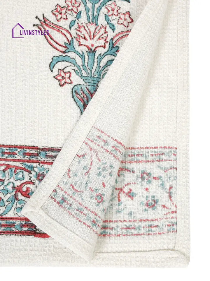 Cream And Aqua 180 Gsm Hand Block Ethnic Motiffs Cotton Towel Set Of 3