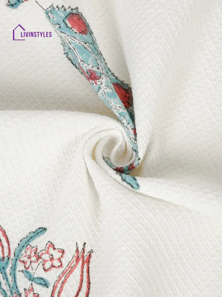 Cream And Aqua 180 Gsm Hand Block Ethnic Motiffs Cotton Towel Set Of 3