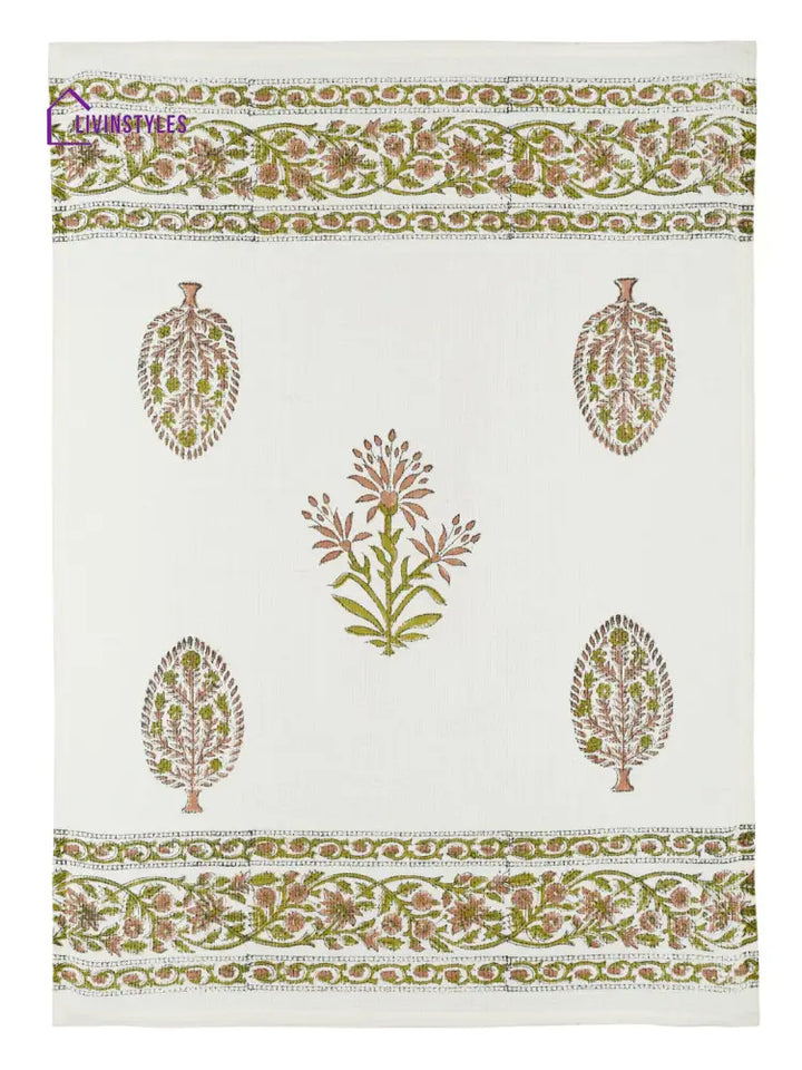 Cream And Green 180 Gsm Hand Block Floral Cotton Towel Set Of 3