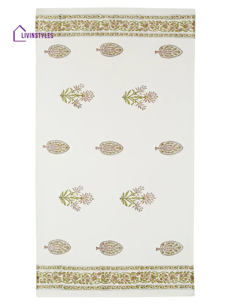 Cream And Green 180 Gsm Hand Block Floral Cotton Towel Set Of 3