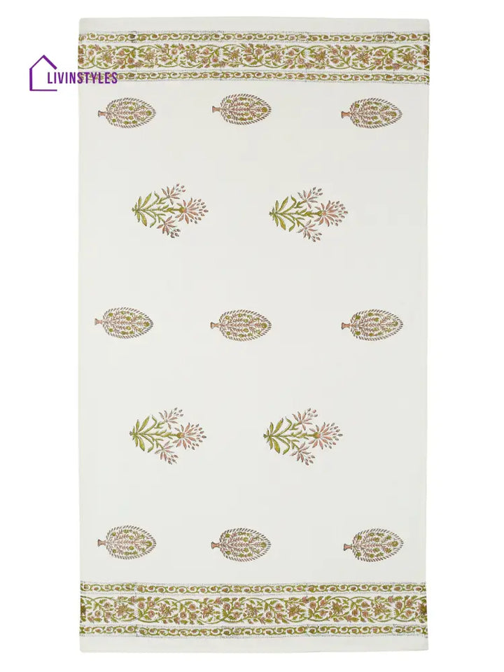 Cream And Green 180 Gsm Hand Block Floral Cotton Towel Set Of 3