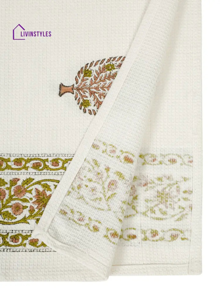 Cream And Green 180 Gsm Hand Block Floral Cotton Towel Set Of 3