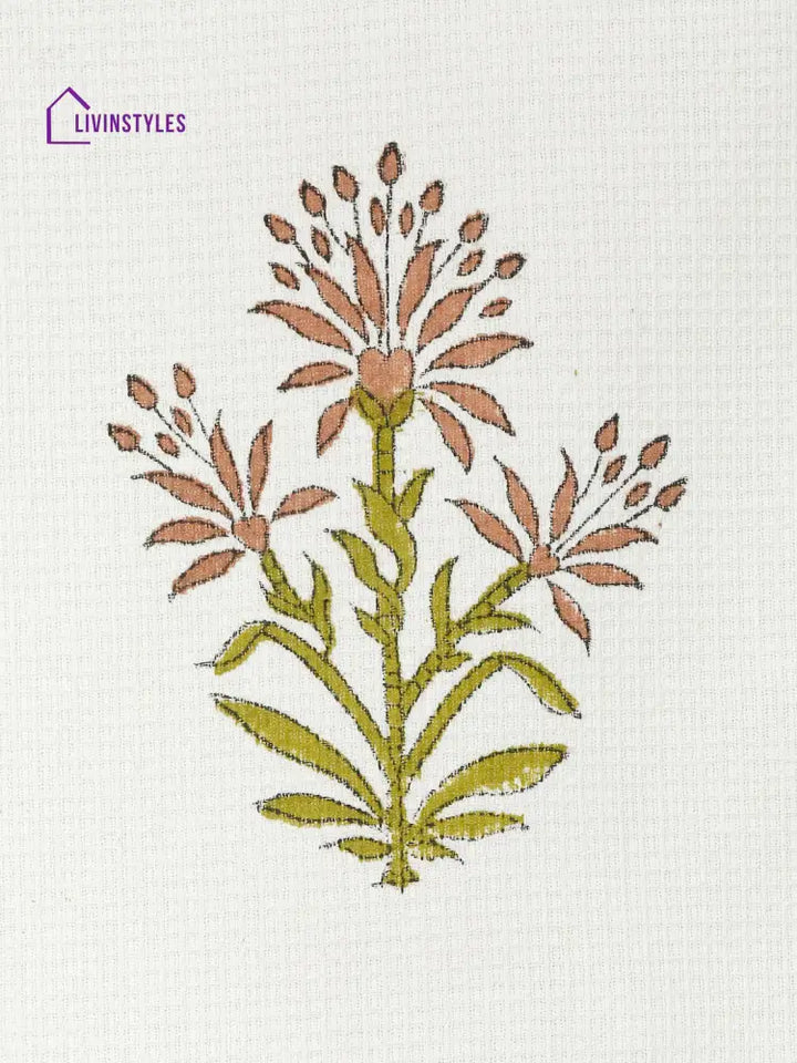 Cream And Green 180 Gsm Hand Block Floral Cotton Towel Set Of 3