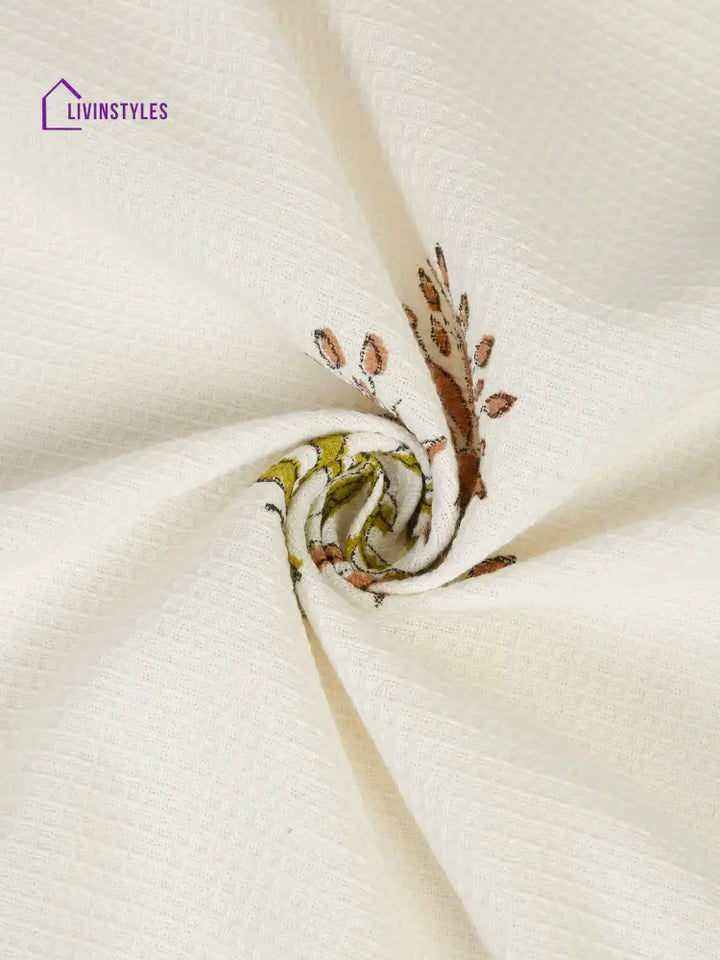 Cream And Green 180 Gsm Hand Block Floral Cotton Towel Set Of 3
