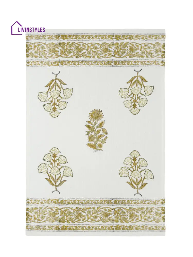 Cream And Olive 180 Gsm Hand Block Floral Cotton Towel Set Of 3