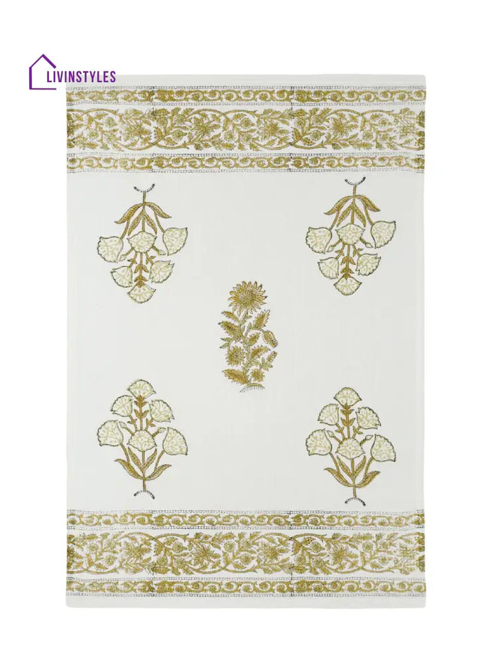 Cream And Olive 180 Gsm Hand Block Floral Cotton Towel Set Of 3
