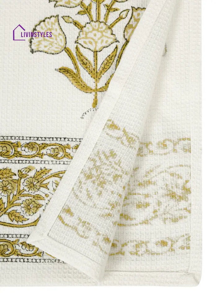 Cream And Olive 180 Gsm Hand Block Floral Cotton Towel Set Of 3
