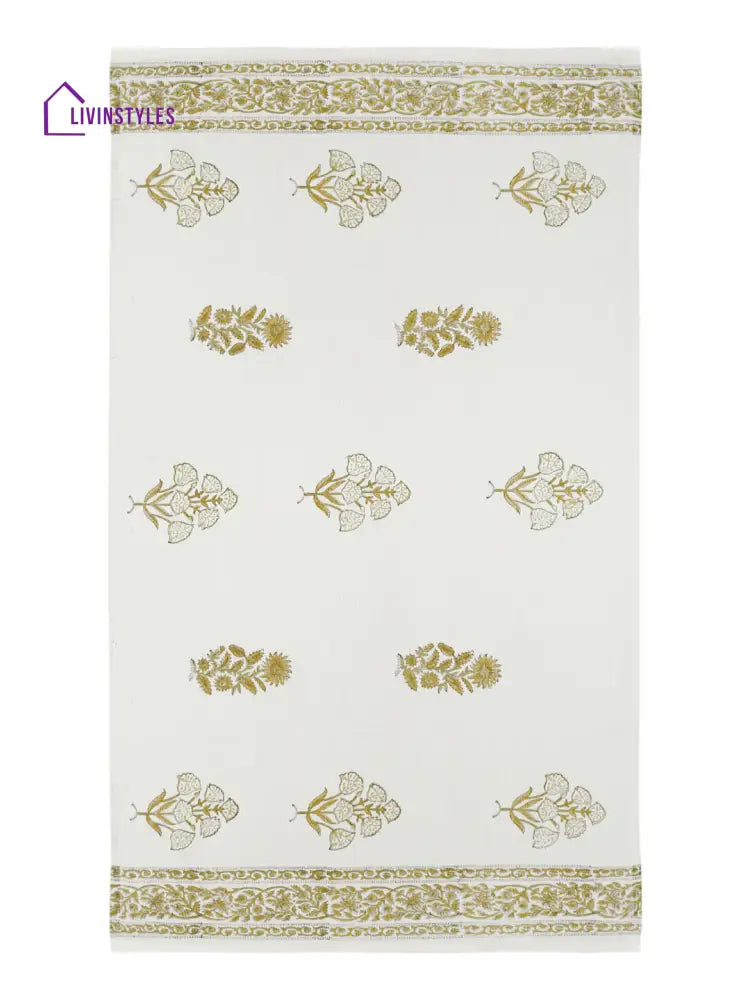 Cream And Olive 180 Gsm Hand Block Floral Cotton Towel Set Of 3