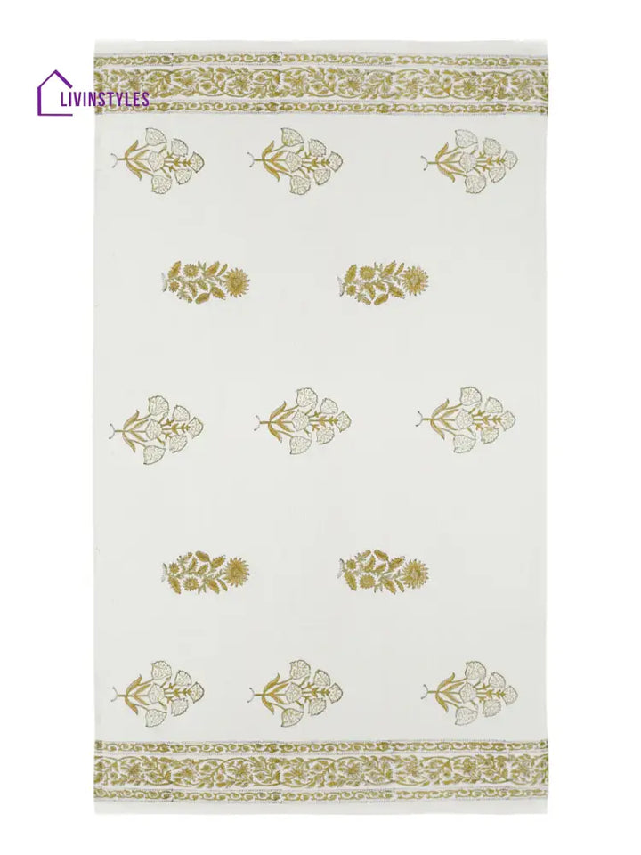 Cream And Olive 180 Gsm Hand Block Floral Cotton Towel Set Of 3