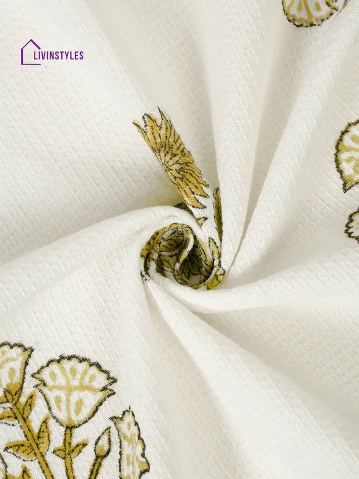 Cream And Olive 180 Gsm Hand Block Floral Cotton Towel Set Of 3