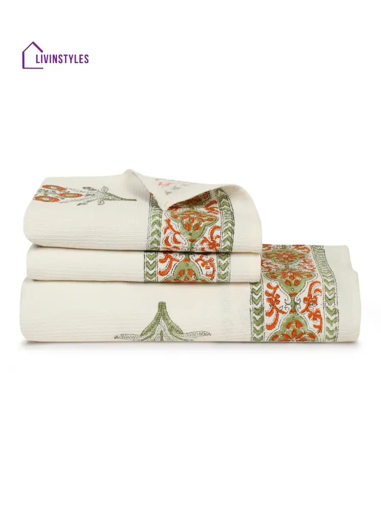 Cream And Orange 180 Gsm Hand Block Floral Cotton Towel Set Of 3