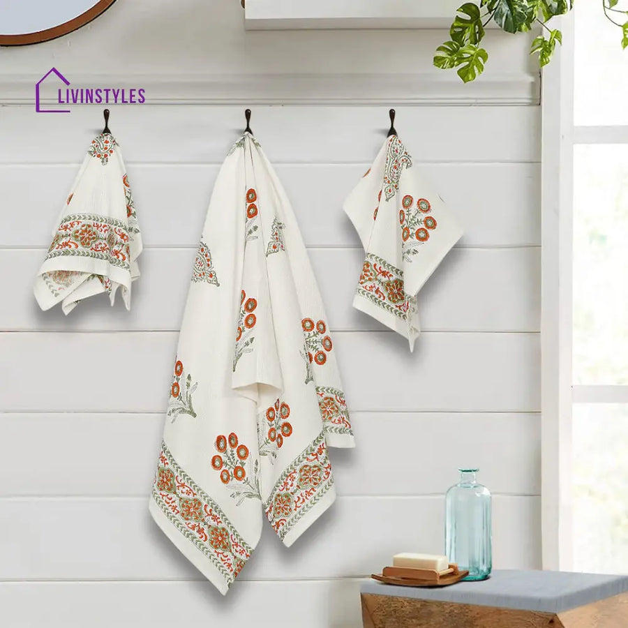 Cream And Orange 180 Gsm Hand Block Floral Cotton Towel Set Of 3