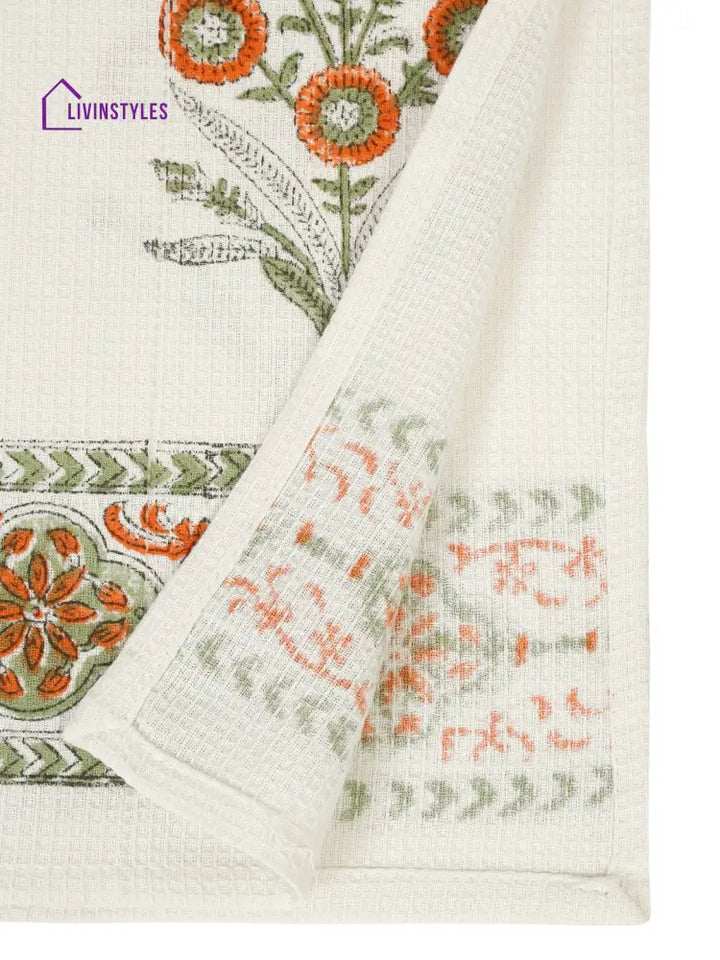 Cream And Orange 180 Gsm Hand Block Floral Cotton Towel Set Of 3