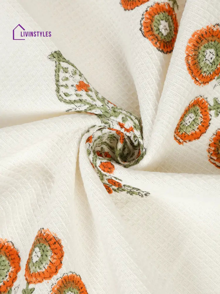 Cream And Orange 180 Gsm Hand Block Floral Cotton Towel Set Of 3