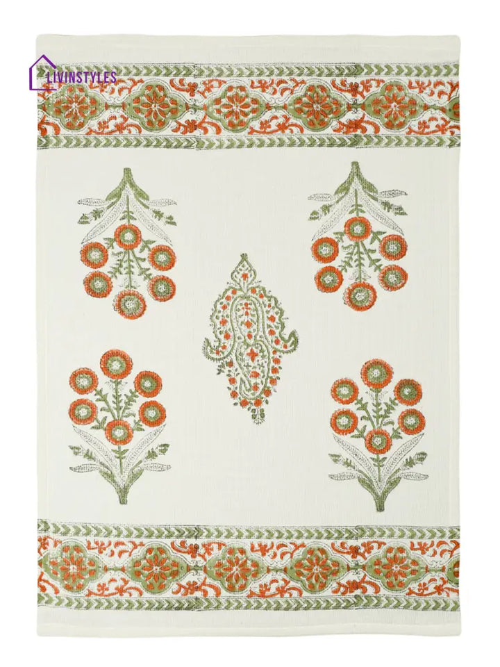 Cream And Orange 180 Gsm Hand Block Floral Cotton Towel Set Of 3