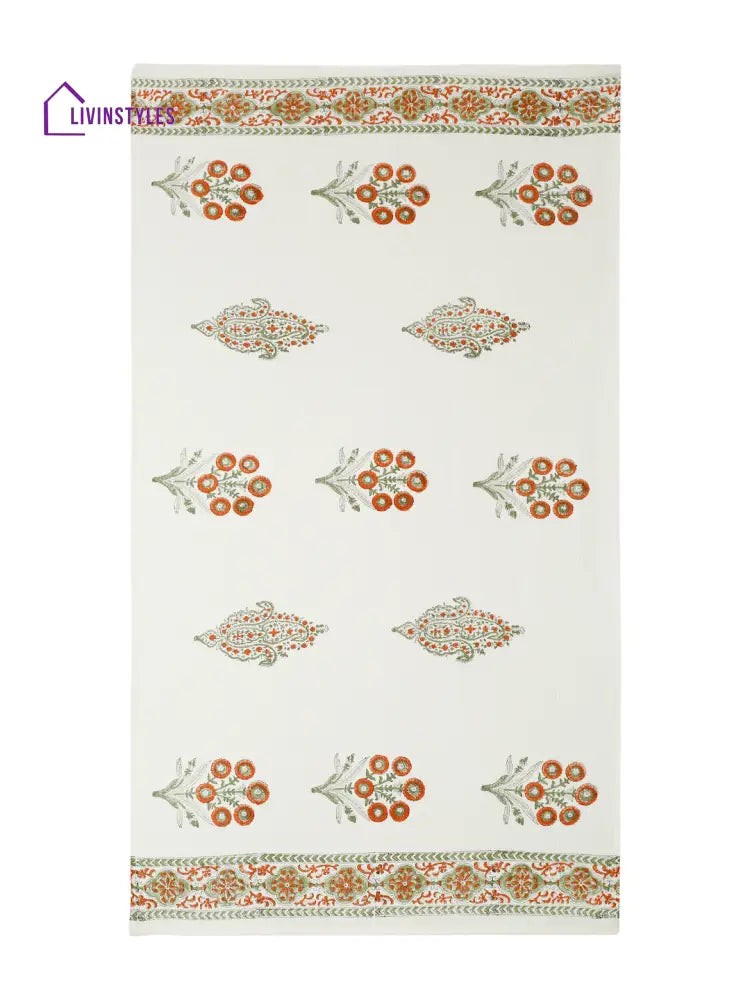 Cream And Orange 180 Gsm Hand Block Floral Cotton Towel Set Of 3