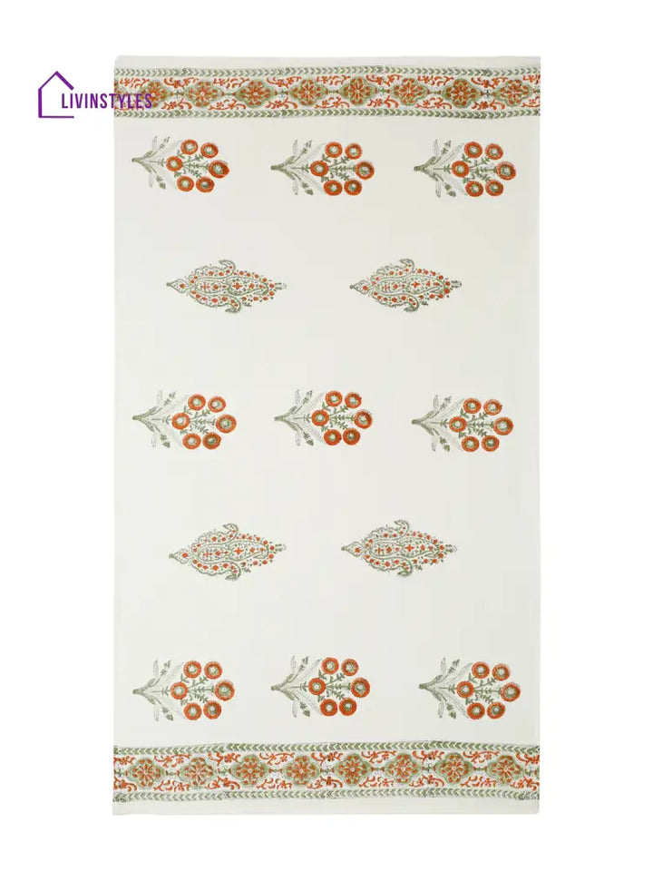 Cream And Orange 180 Gsm Hand Block Floral Cotton Towel Set Of 3