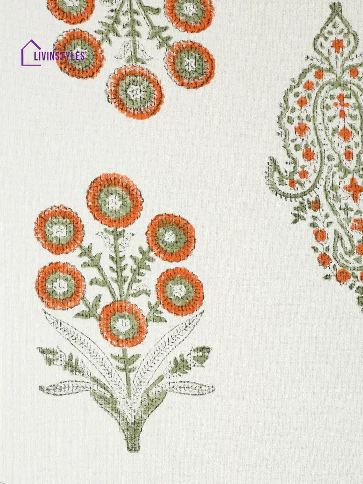 Cream And Orange 180 Gsm Hand Block Floral Cotton Towel Set Of 3