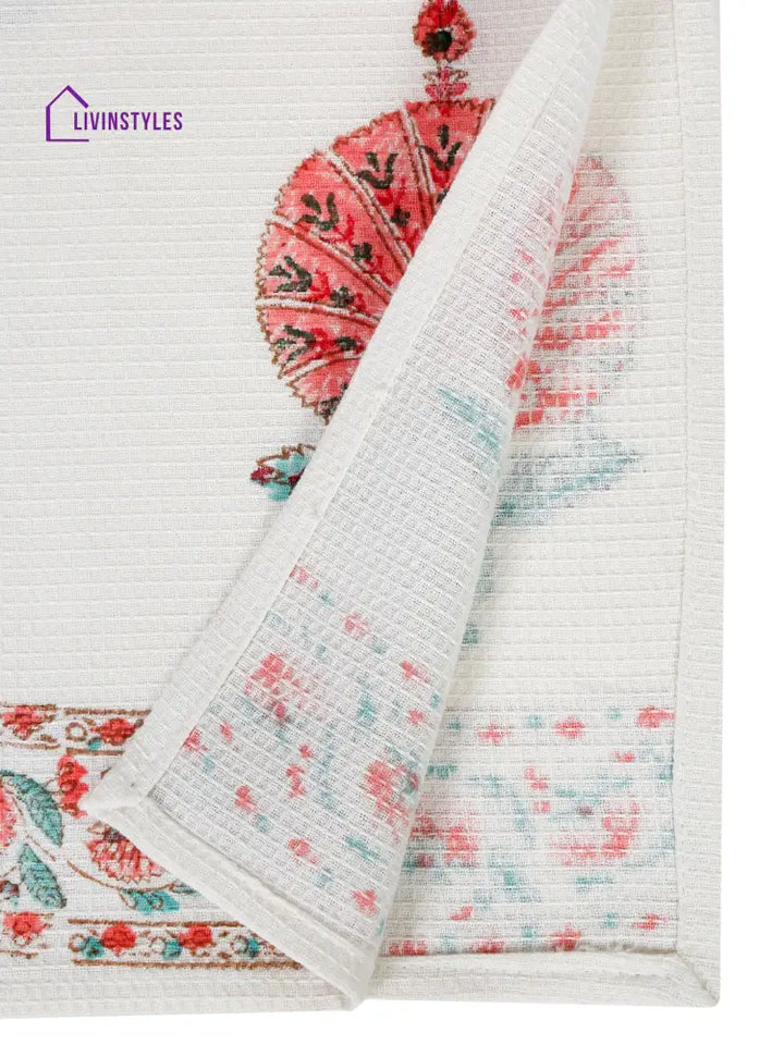 Cream And Pink 180 Gsm Hand Block Floral Cotton Towel Set Of 3