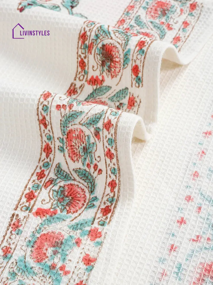 Cream And Pink 180 Gsm Hand Block Floral Cotton Towel Set Of 3