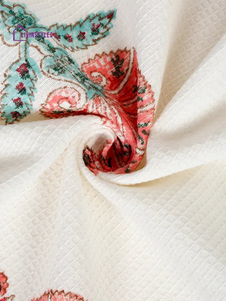 Cream And Pink 180 Gsm Hand Block Floral Cotton Towel Set Of 3