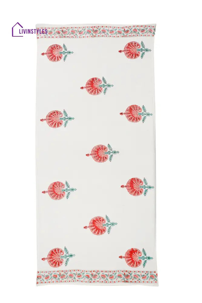 Cream And Pink 180 Gsm Hand Block Floral Cotton Towel Set Of 3