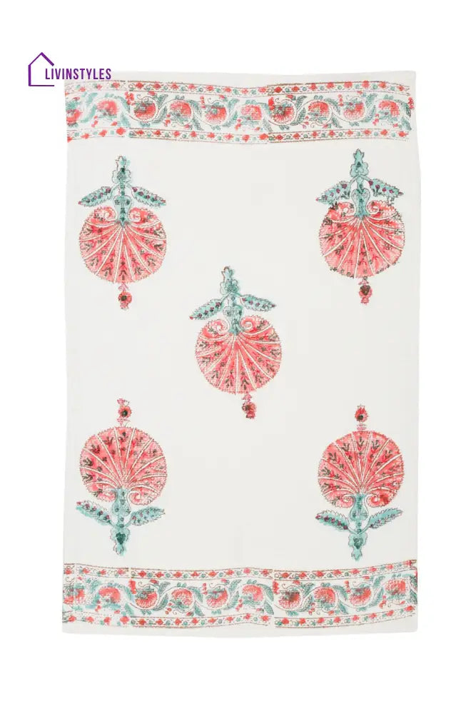 Cream And Pink 180 Gsm Hand Block Floral Cotton Towel Set Of 3