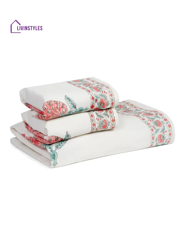 Cream And Pink 180 Gsm Hand Block Floral Cotton Towel Set Of 3