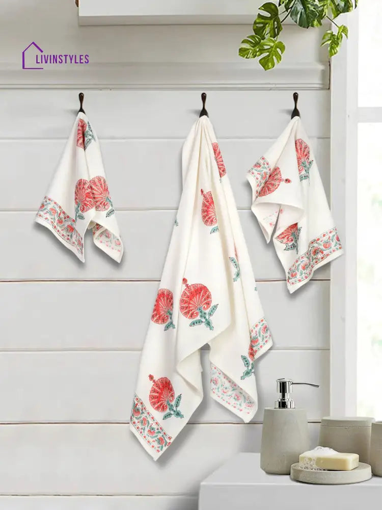 Cream And Pink 180 Gsm Hand Block Floral Cotton Towel Set Of 3