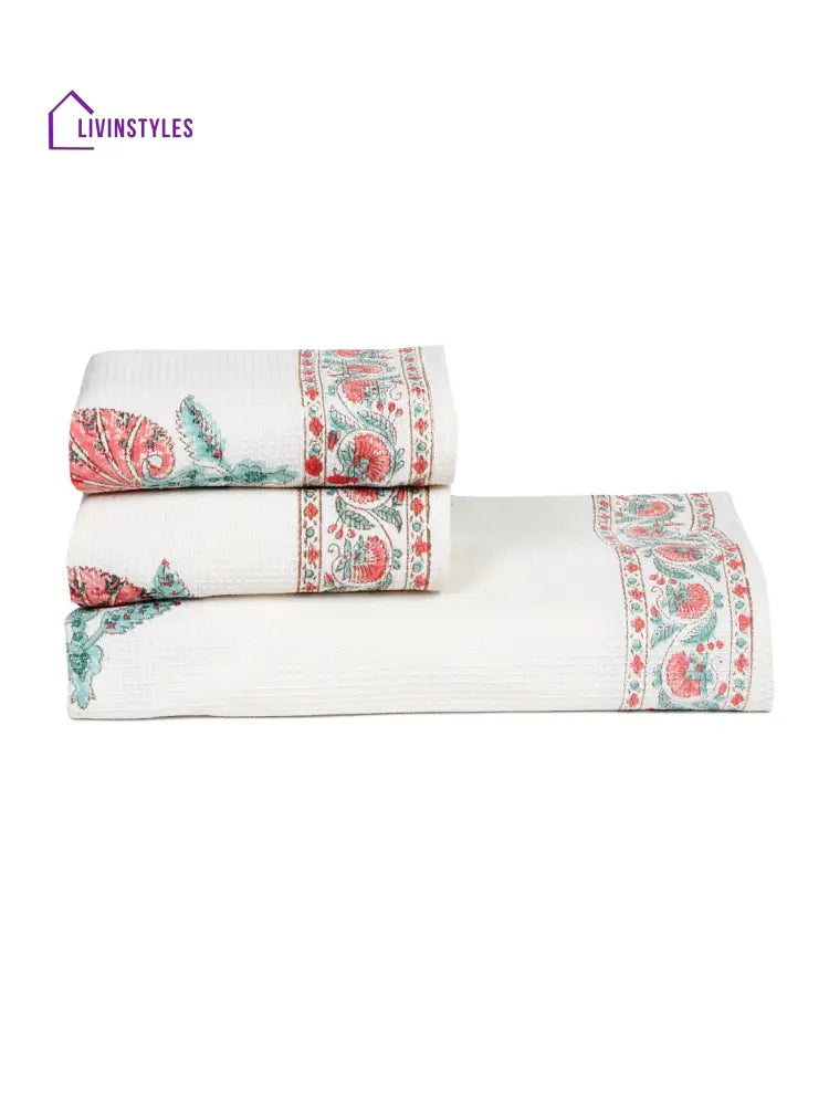 Cream And Pink 180 Gsm Hand Block Floral Cotton Towel Set Of 3